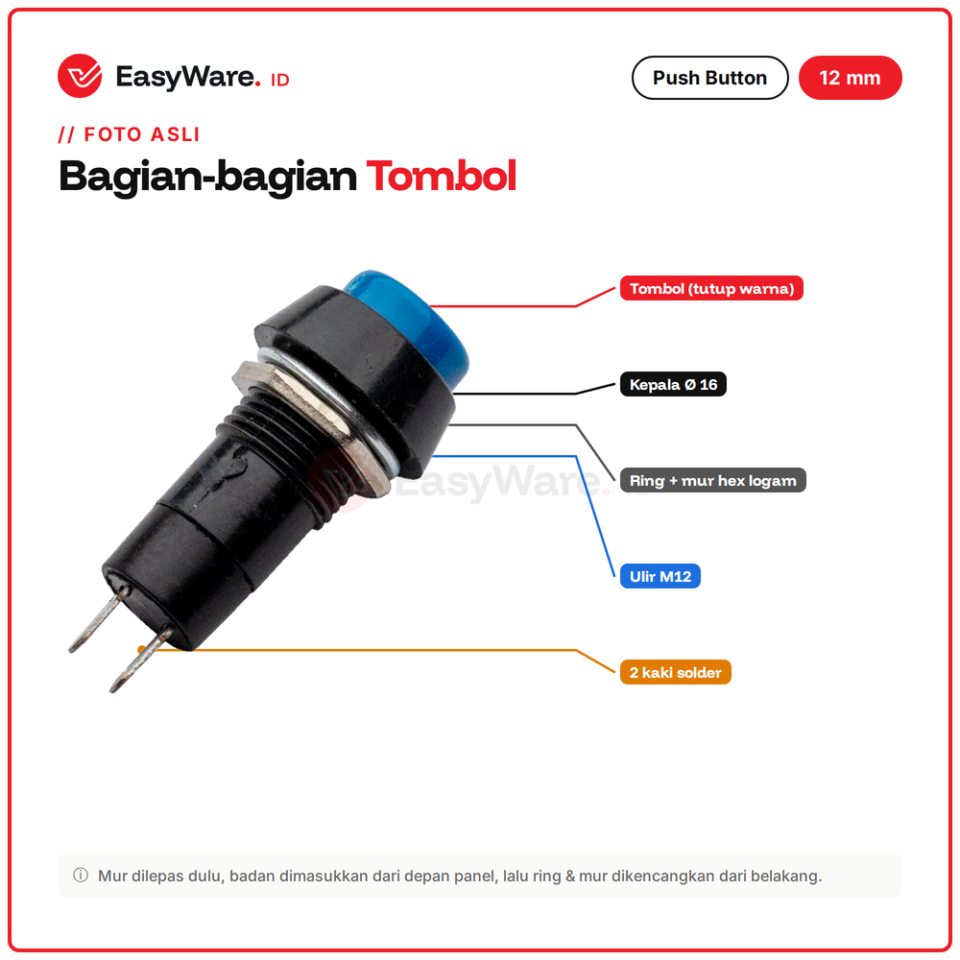 Push Button 12mm PBS-11A Self Lock PBS-11B Momentary 2 Pin Tombol Panel Merah Hijau Biru Kuning Putih Hitam 1A 250V (12 Pilihan)