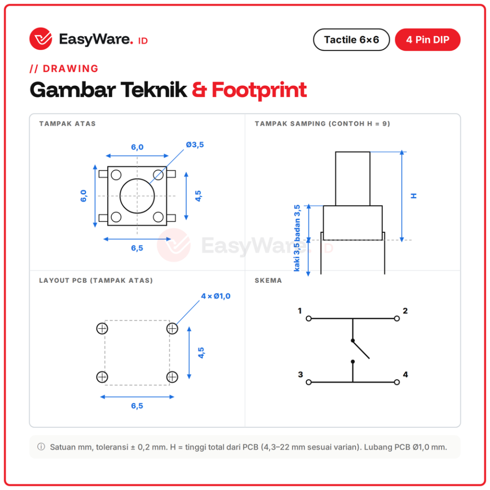 [10 PCS] Tactile Switch 6x6 DIP 4 Pin Tinggi 4,3–22 mm (10 Pilihan)