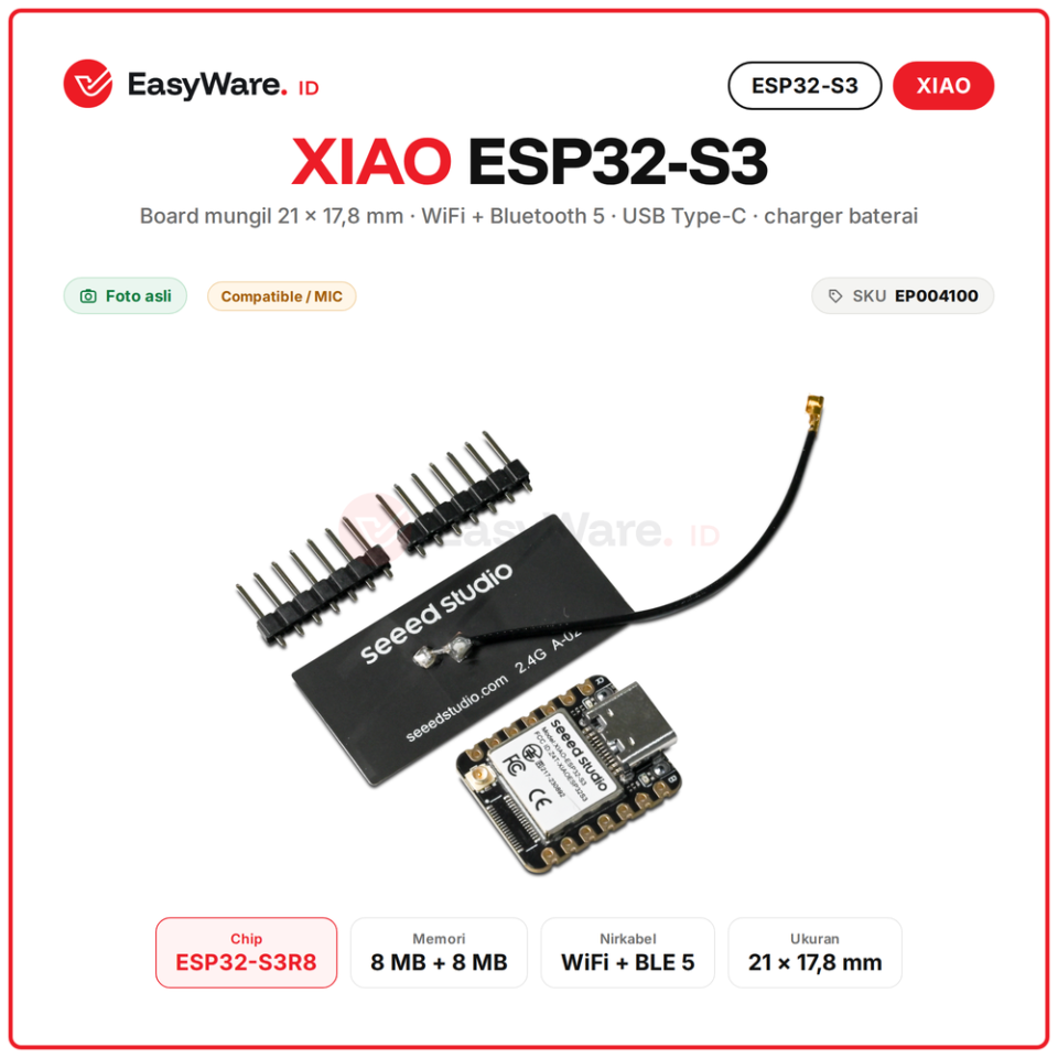 XIAO ESP32-S3 Board Mini WiFi Bluetooth 5 USB Type-C 8MB PSRAM 8MB Flash Charger Baterai Antena