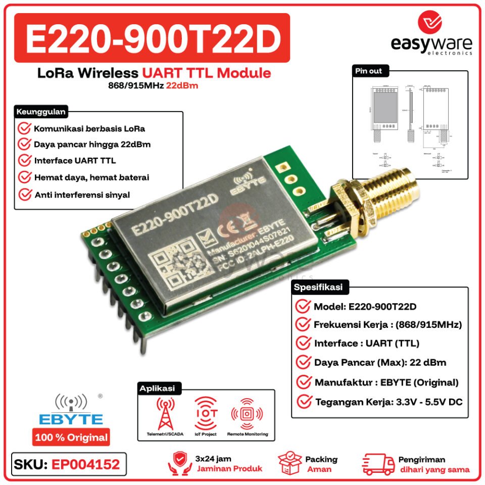 E220-900T22D Modul Wireless LoRa 868/915MHz 22dBm UART TTL