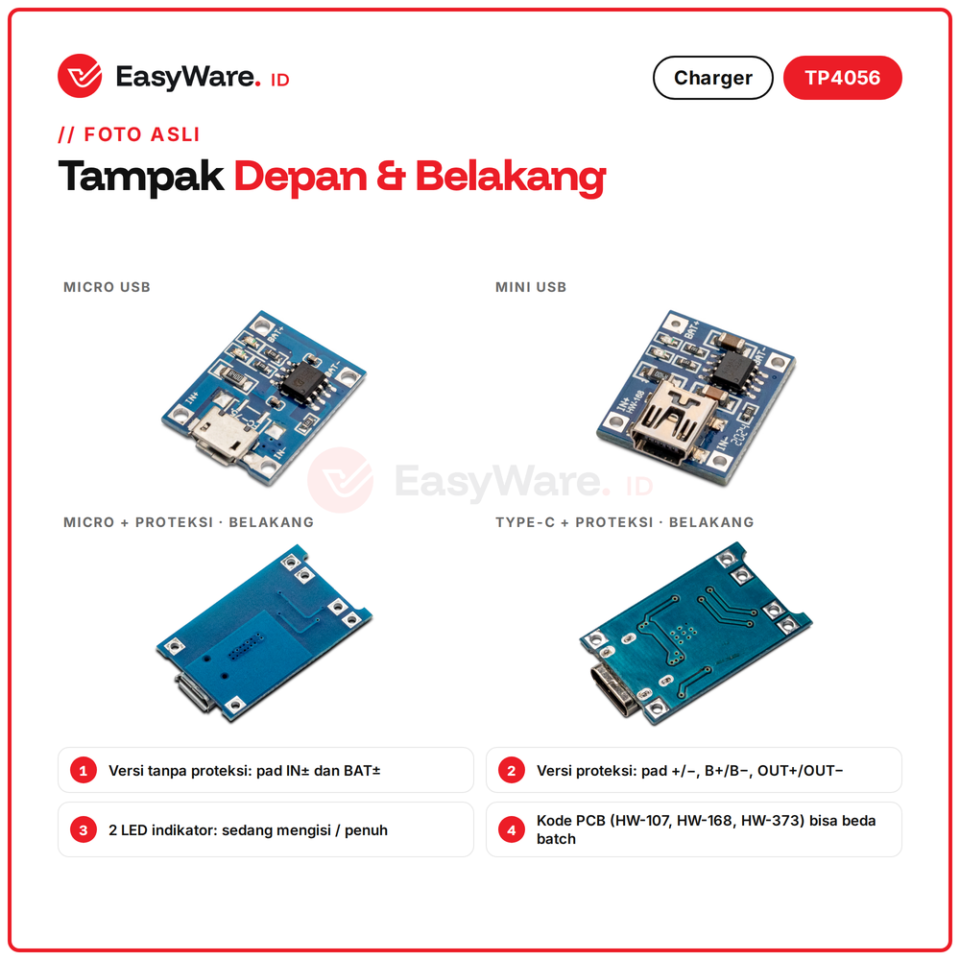 Modul Charger TP4056 1A Baterai Lithium 18650 Li-ion 3.7V Micro USB Mini USB Type C dengan Proteksi DW01A (4 Pilihan)