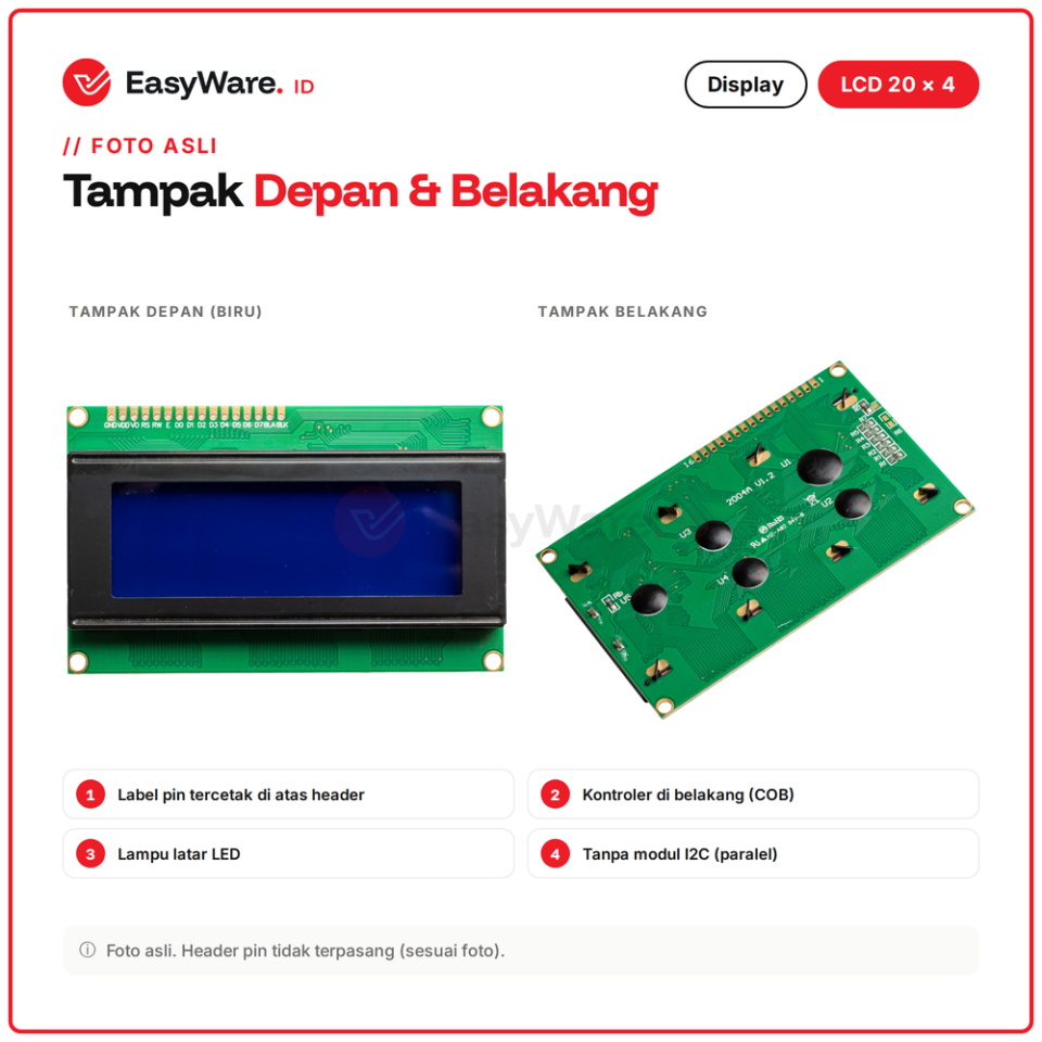 LCD 2004 20x4 Karakter HD44780 Paralel 16 Pin Display Arduino Biru Kuning Hijau 2 Varian (2 Pilihan)