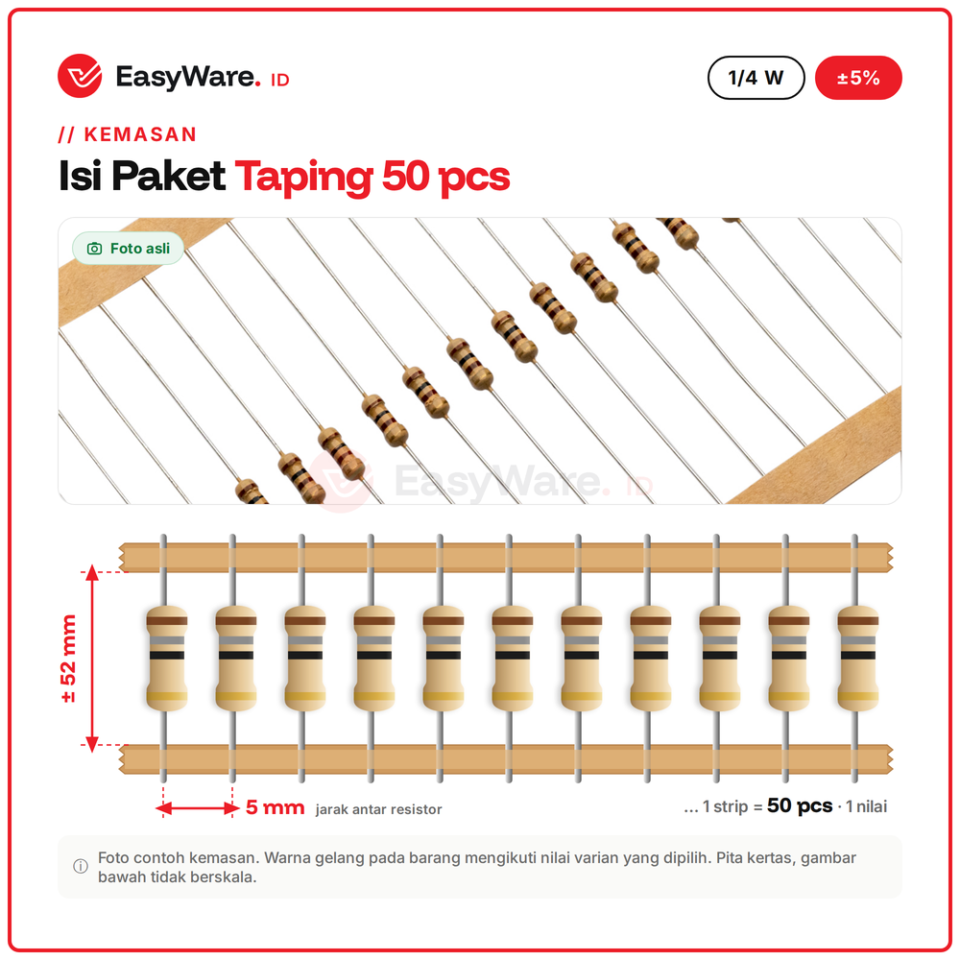 [50 PCS] Resistor Carbon Film 1/4W 5% 6R8–39R (10 Pilihan)
