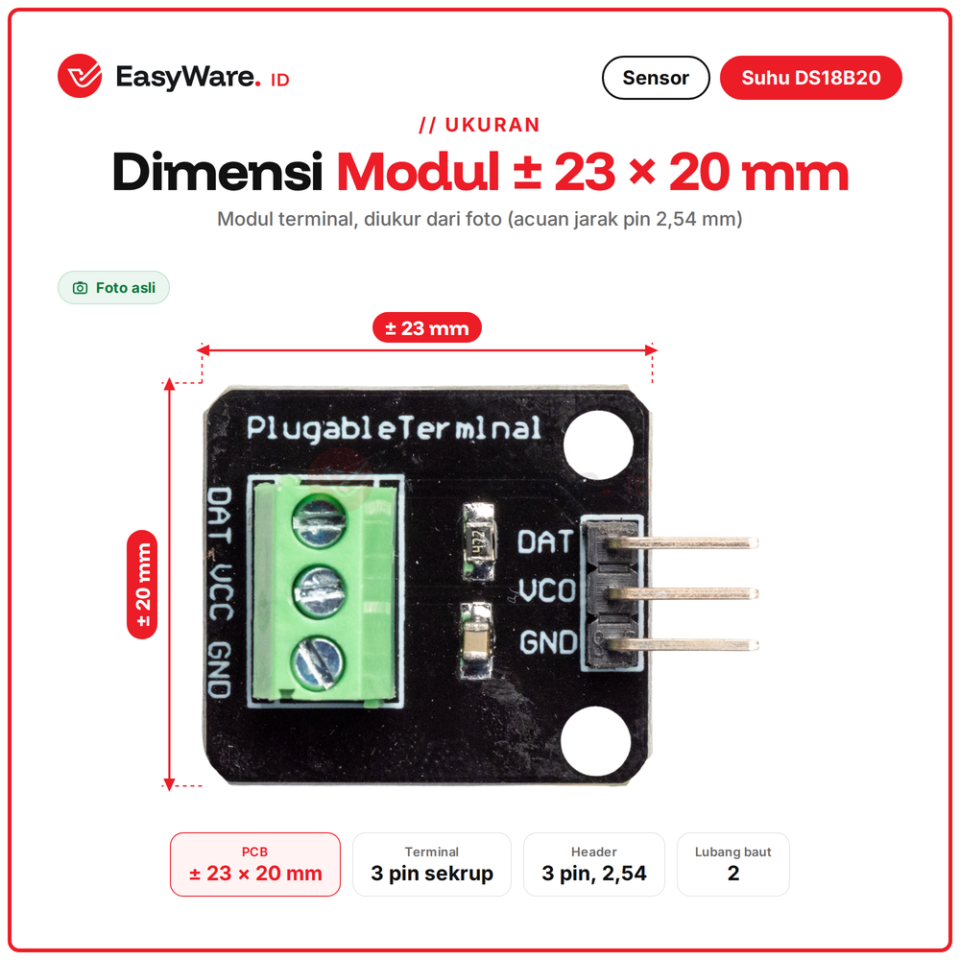 Sensor Suhu DS18B20 Waterproof Probe Stainless dengan Modul Terminal Pull-up dan Kabel Jumper untuk Arduino ESP32