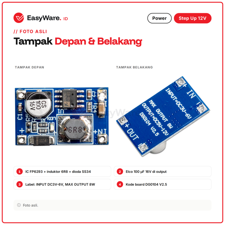 Modul Step Up DC DC Mini FP6293 Boost Converter Input 3V 5V Output 12V Max 8W Penaik Tegangan