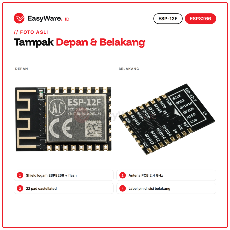 ESP-12F Modul WiFi ESP8266 Flash 4MB (2 Pilihan)
