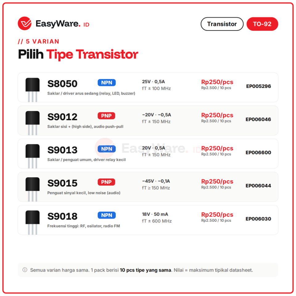 [10 PCS] Transistor S8050 S9012 S9013 S9015 S9018 TO-92 NPN PNP Bipolar BJT 8050 9012 9013 9015 9018 Arduino (5 Pilihan)