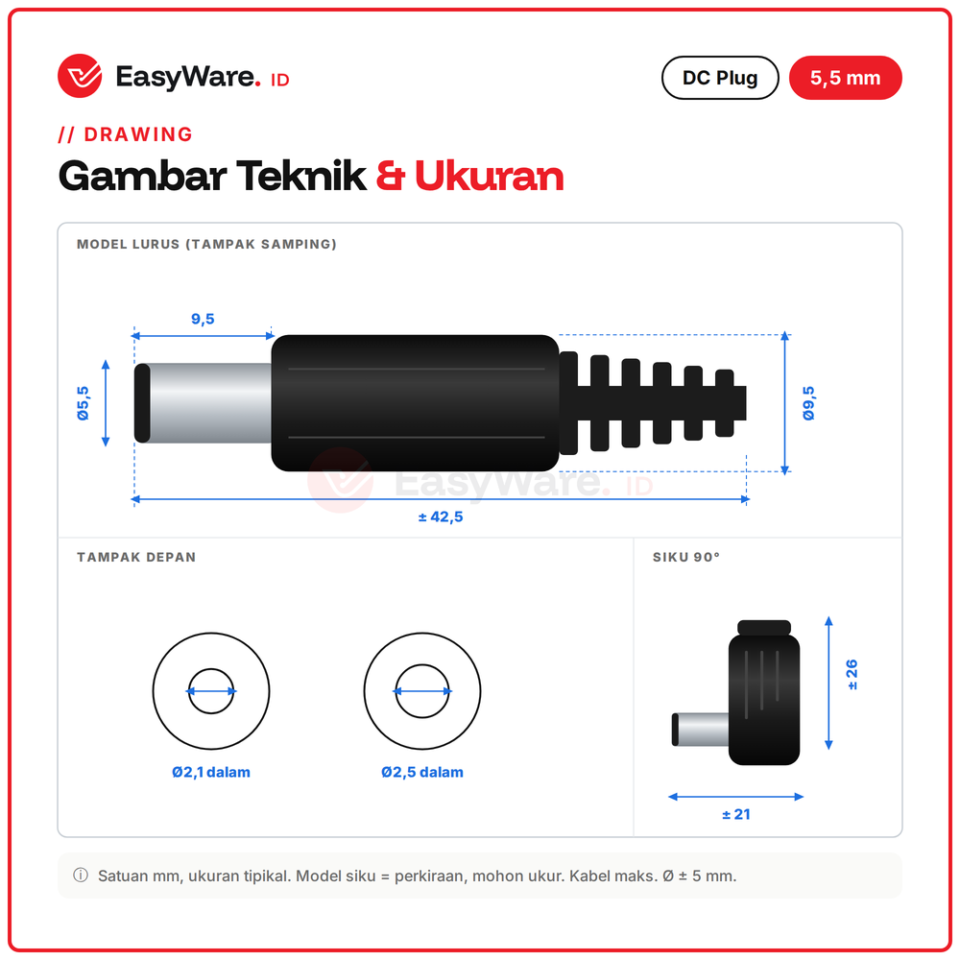 DC Plug Male 5.5x2.1mm 5.5x2.5mm Jack DC Solder Lurus dan Siku 90 Derajat Colokan Adaptor Power Konektor (4 Pilihan)
