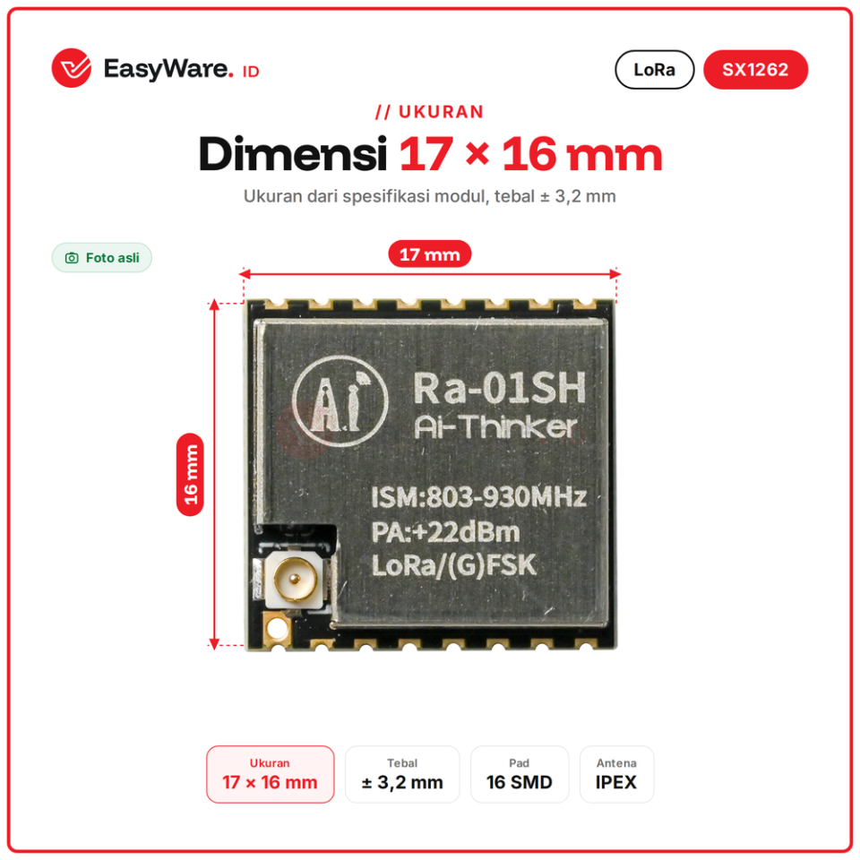 Modul LoRa Ra-01SH SX1262 803-930MHz 22dBm SPI IPEX Long Range Arduino ESP32