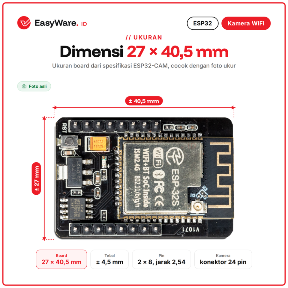 ESP32-CAM WiFi Bluetooth Modul Kamera OV2640 atau GC2145 PSRAM 4MB Slot microSD ESP32-S CCTV IoT 2 Varian (2 Pilihan)