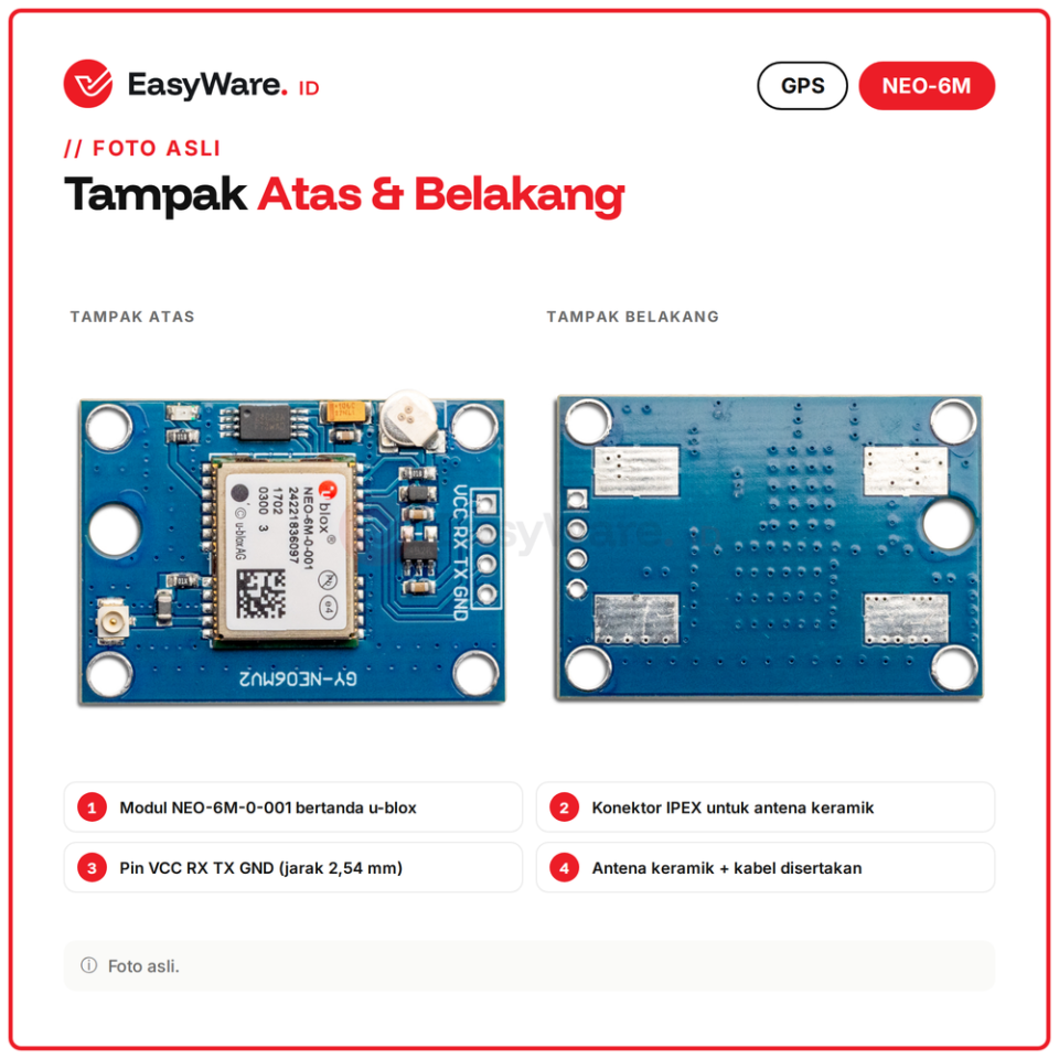 Modul GPS GY-NEO6MV2 u-blox NEO-6M dengan Antena Keramik UART NMEA untuk Arduino ESP32 Drone Tracker