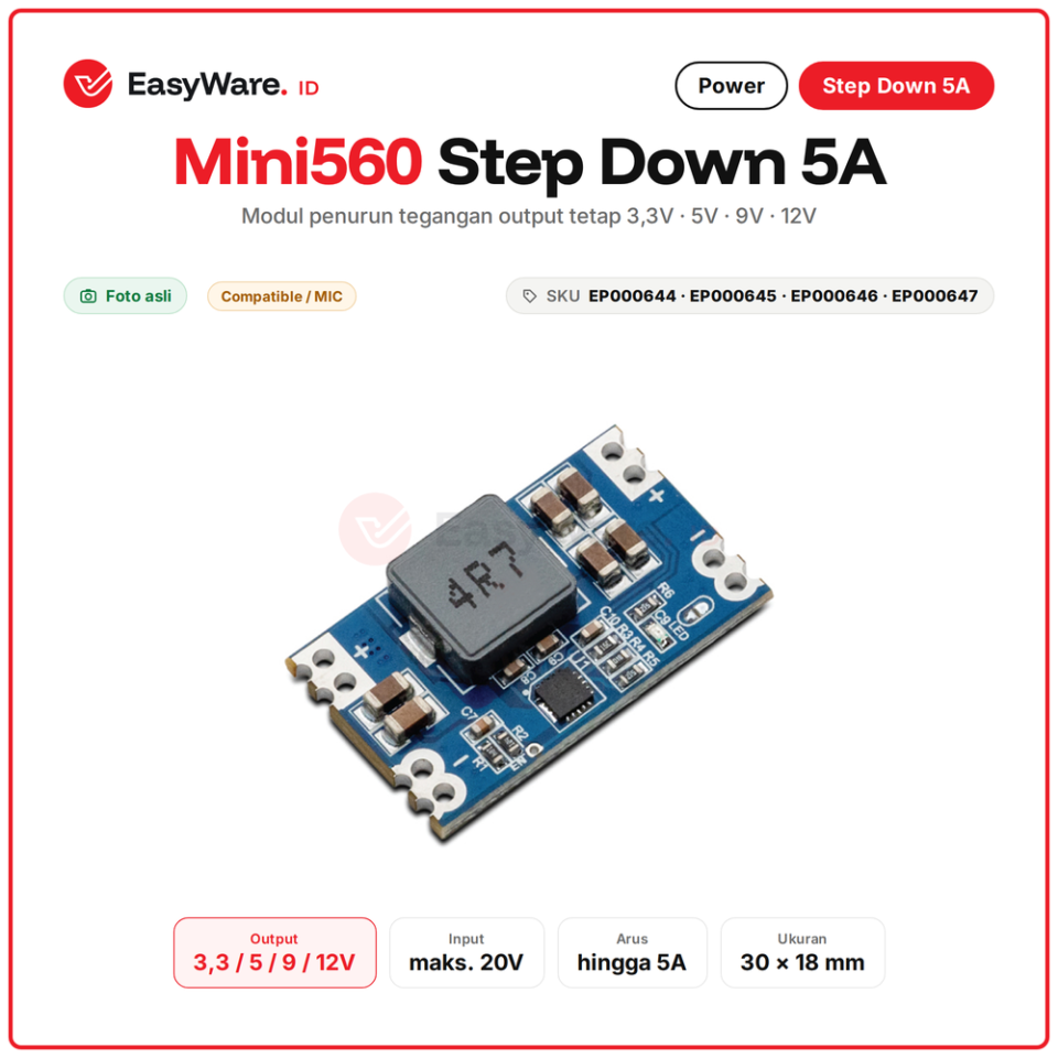 Modul Step Down Mini560 5A DC-DC Buck Converter Output Tetap 3.3V 5V 9V 12V Input sampai 20V (4 Pilihan)