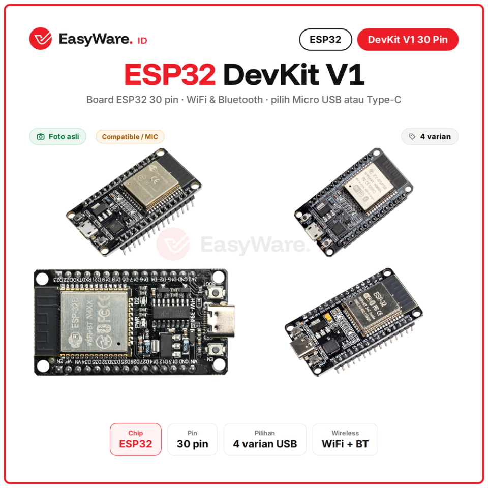 ESP32 DevKit V1 30 Pin WiFi Bluetooth Micro USB Type-C (4 Pilihan)
