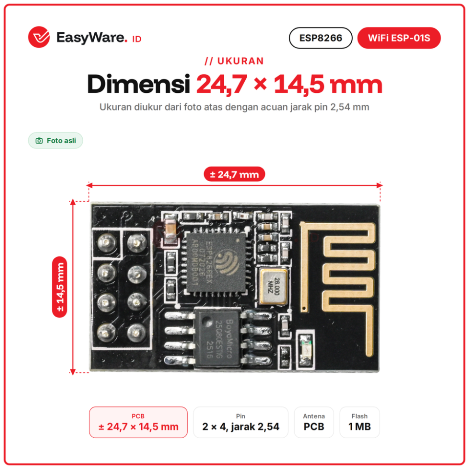 Modul WiFi ESP-01S ESP8266 Serial Wireless Transceiver Flash 1MB 8 Pin 3,3V IoT Arduino AT Command