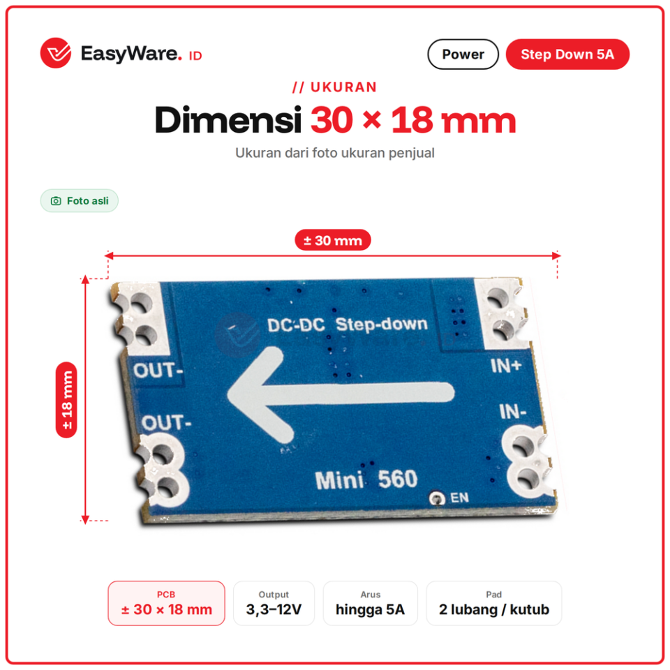 Modul Step Down Mini560 5A DC-DC Buck Converter Output Tetap 3.3V 5V 9V 12V Input sampai 20V (4 Pilihan)