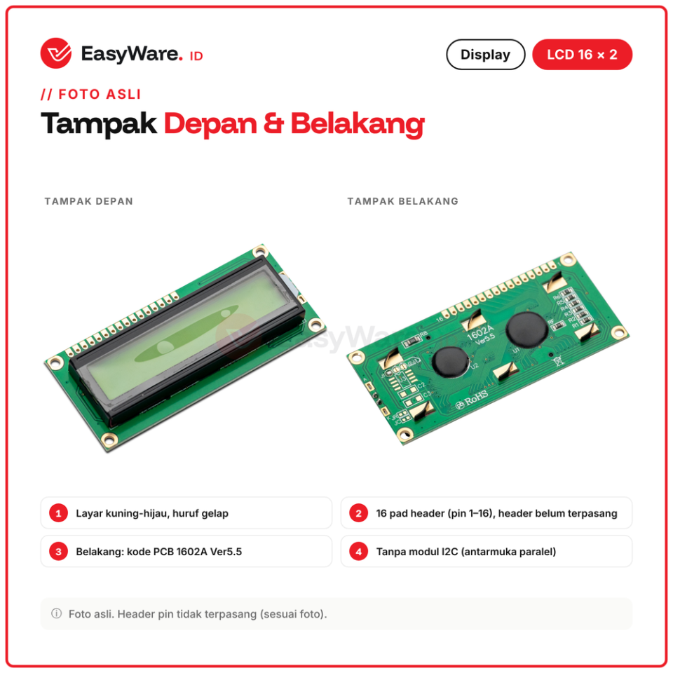 LCD 1602 16x2 Karakter HD44780 Layar Kuning Hijau Backlight Paralel 16 Pin Display Arduino Tanpa I2C