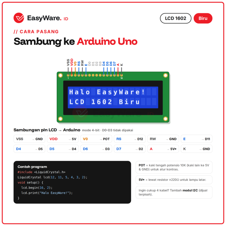 LCD 1602 Biru 16x2 Karakter HD44780 5V untuk Arduino