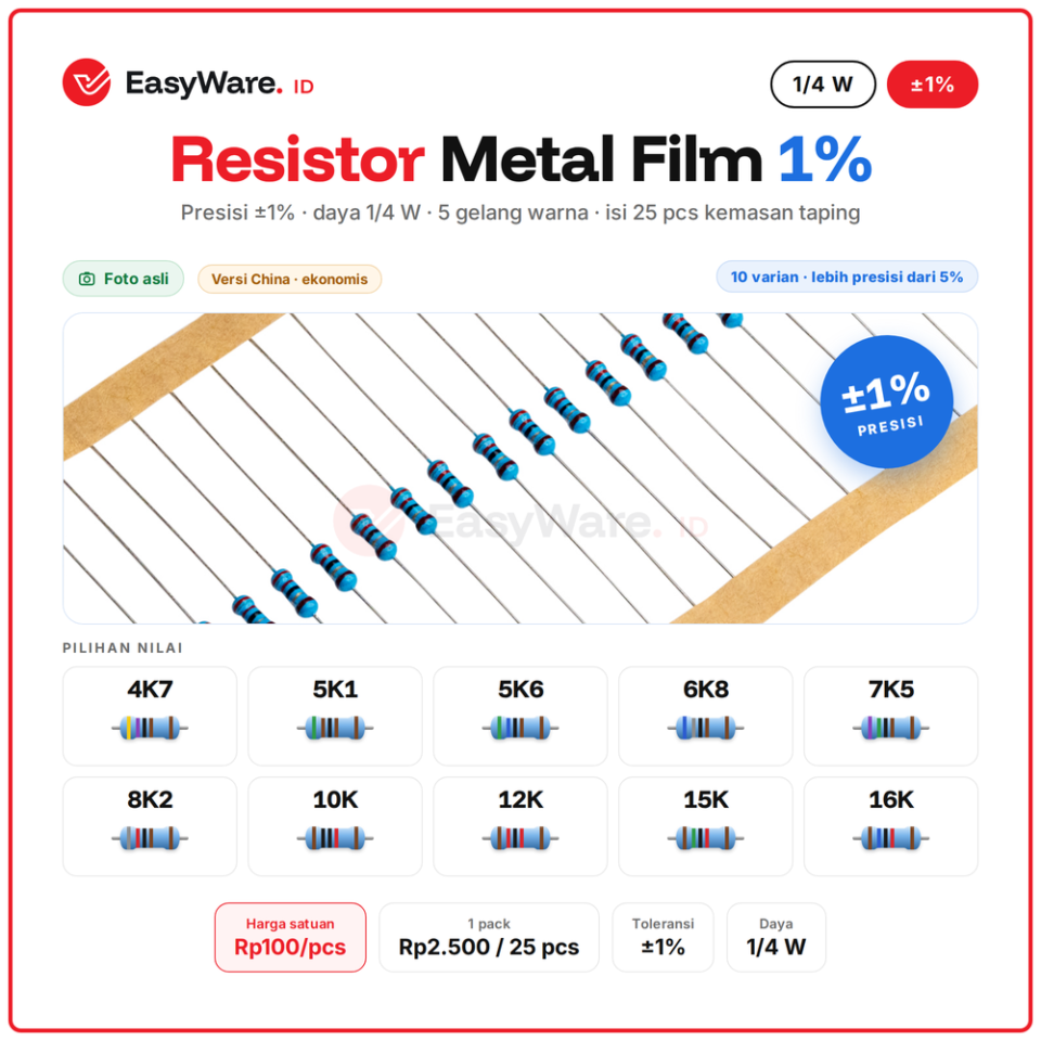[25 PCS] Resistor Metal Film 1/4W 1% 4K7–16K (10 Pilihan)