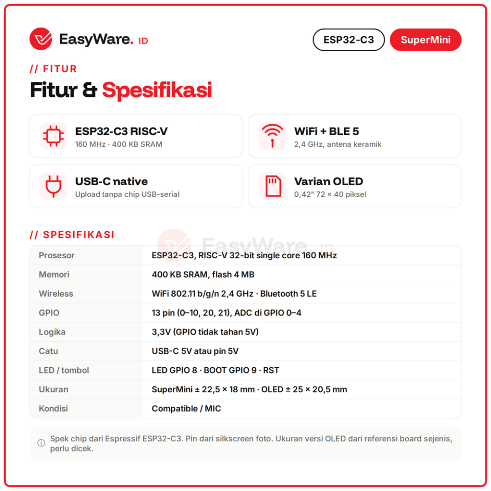 ESP32-C3 SuperMini WiFi Bluetooth 5 BLE RISC-V USB Type C Development Board dan Versi OLED 0.42 inch Arduino (2 Pilihan)