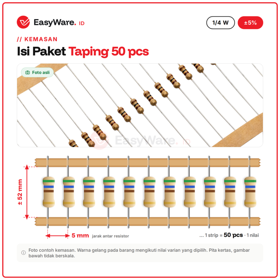 [50 PCS] Resistor Carbon Film 1/4W 5% 270R–1K2 (10 Pilihan)