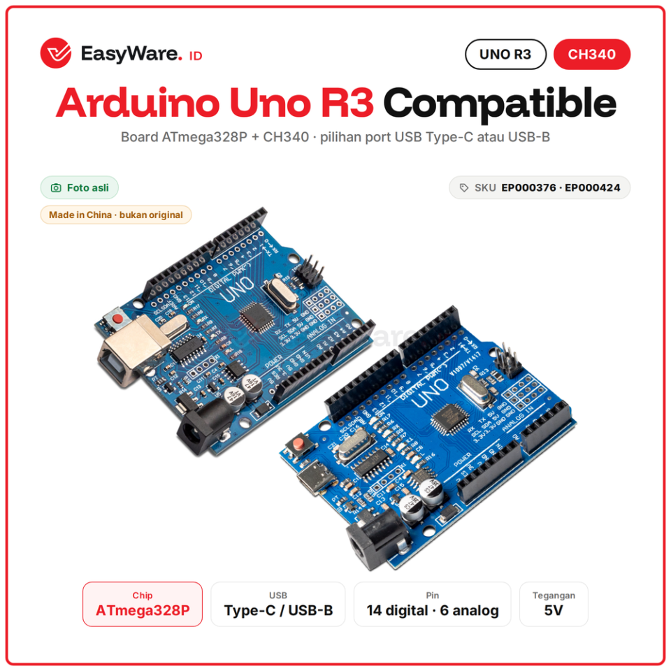 Arduino Uno R3 Compatible CH340 Type-C / USB-B (2 Pilihan)