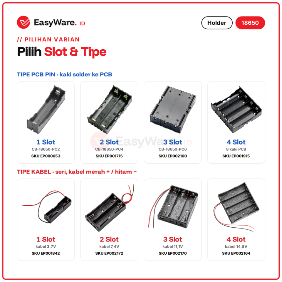 Battery Holder 18650 1 2 3 4 Slot PCB Pin dan Kabel Seri Tempat Baterai 18650 Box Baterai Li-ion (8 Pilihan)