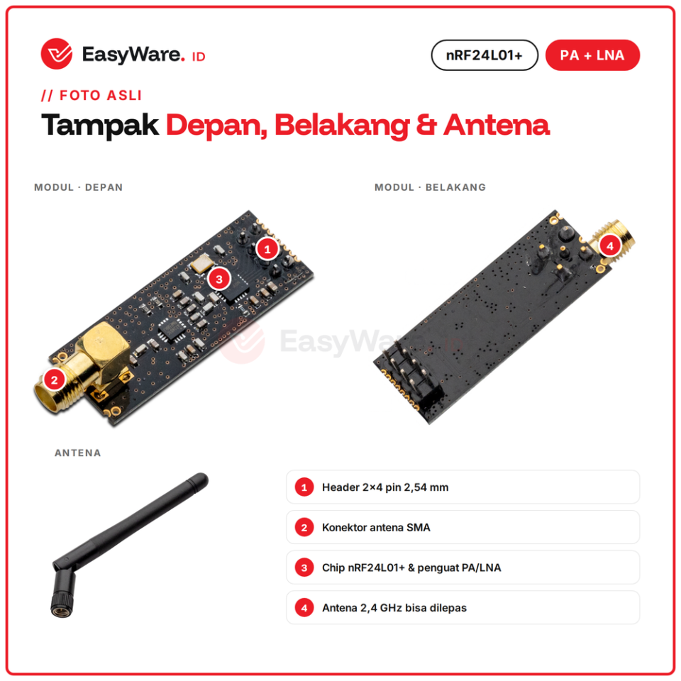 nRF24L01+ PA LNA Wireless 2.4GHz + Antena SMA Jarak Jauh