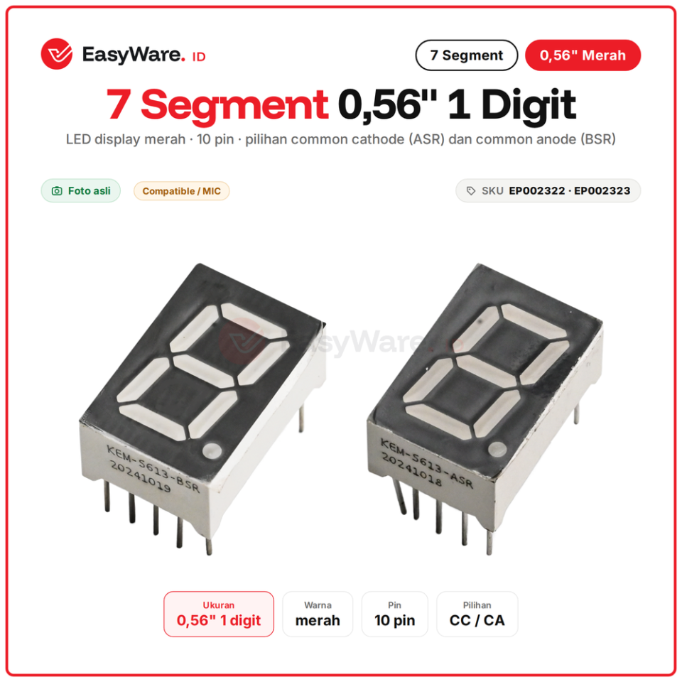 LED 7 Segment 0.56 inch 1 Digit Merah Common Cathode Common Anode Seven Segment 10 Pin KEM-5613 (2 Pilihan)