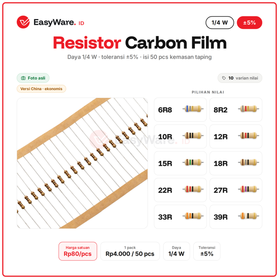 [50 PCS] Resistor Carbon Film 1/4W 5% 6R8–39R (10 Pilihan)