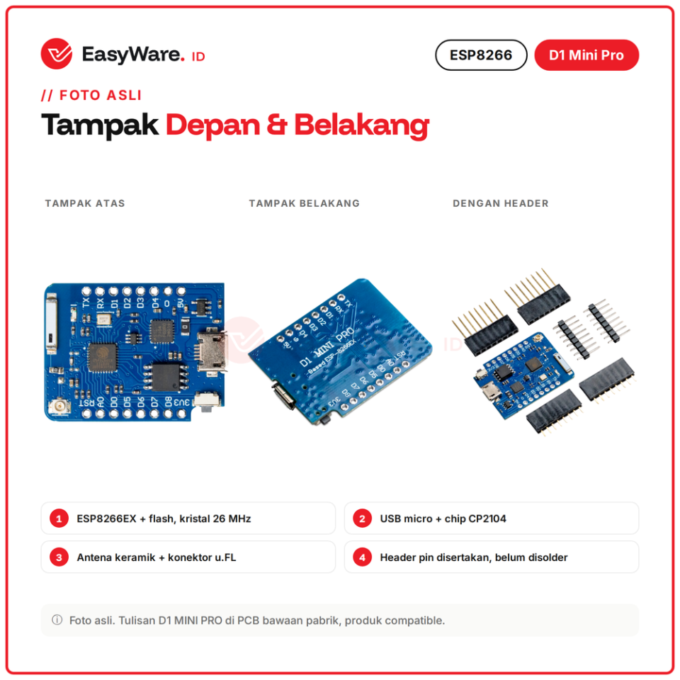 D1 Mini Pro ESP8266 WiFi Board Antena Keramik dan Konektor u.FL Antena Eksternal CP2104 Micro USB IoT