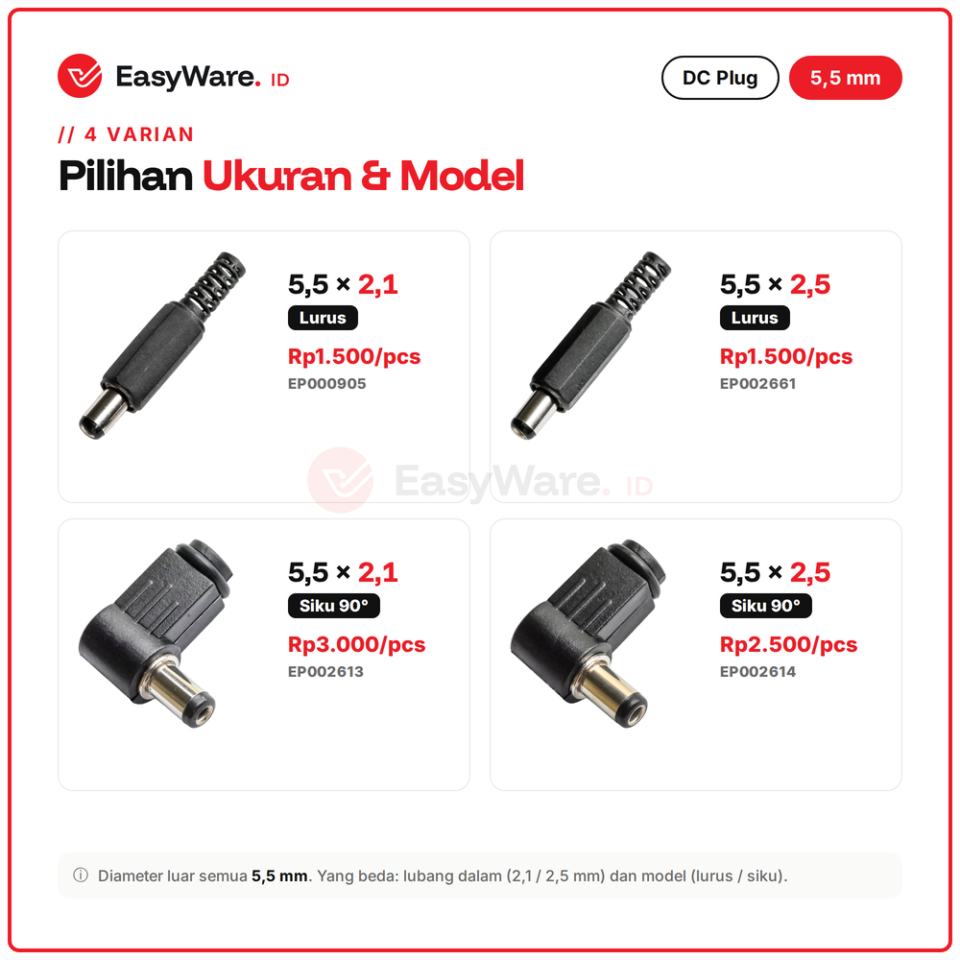 DC Plug Male 5.5x2.1mm 5.5x2.5mm Jack DC Solder Lurus dan Siku 90 Derajat Colokan Adaptor Power Konektor (4 Pilihan)