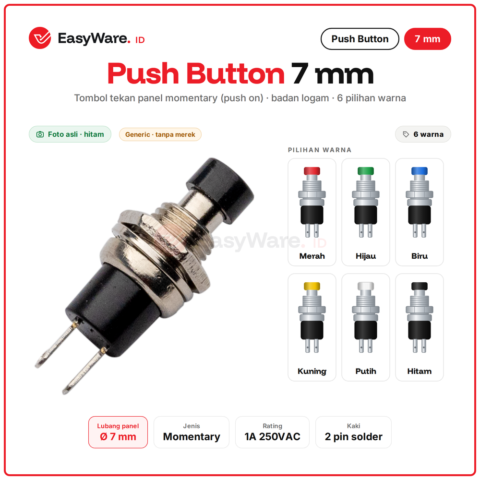 Push Button PBS-110 7mm Momentary 2 Pin Tombol Tekan Panel Merah Hijau Biru Kuning Putih Hitam Arduino