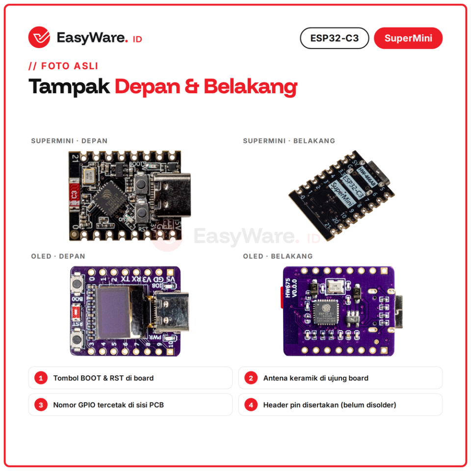 ESP32-C3 SuperMini WiFi Bluetooth 5 BLE RISC-V USB Type C Development Board dan Versi OLED 0.42 inch Arduino (2 Pilihan)