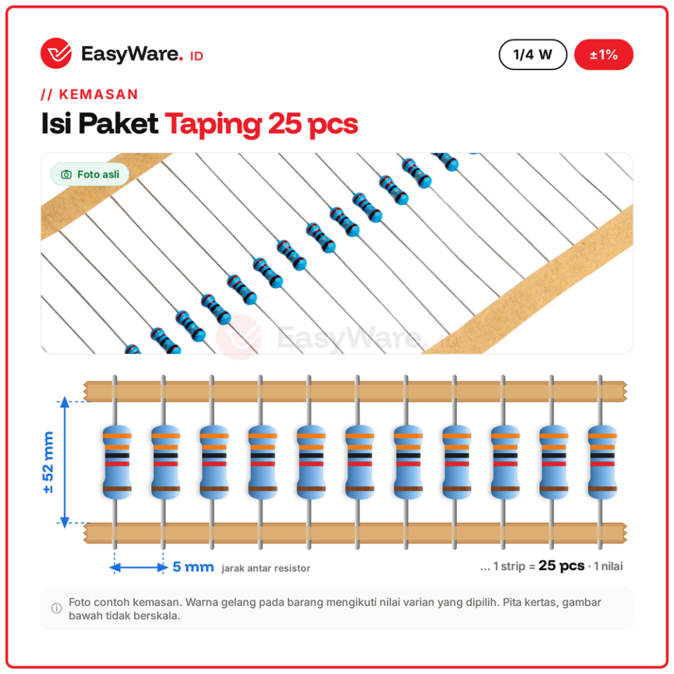 [25 PCS] Resistor Metal Film 1/4W 1% 18K–56K (10 Pilihan)
