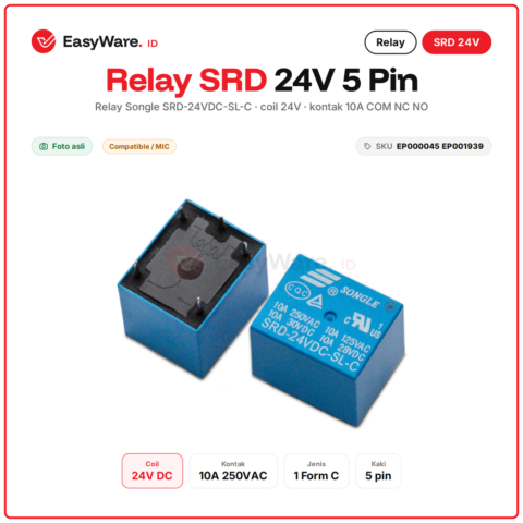 Relay Songle SRD-24VDC-SL-C Coil 24V 5 Pin 10A 250VAC 1 Form C COM NC NO untuk Panel PLC Mesin dan PCB