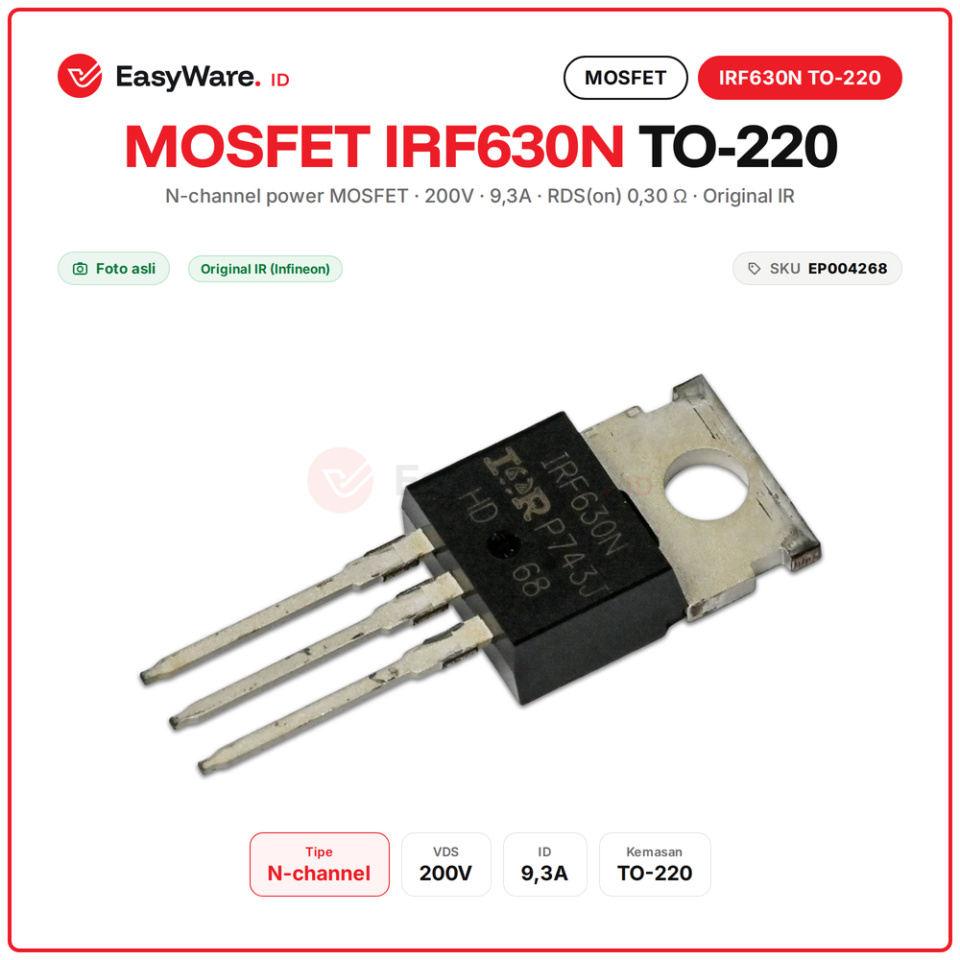 MOSFET IRF630N N-Channel 200V 9.3A TO-220 Original IR Power Transistor untuk Inverter Driver Motor SMPS