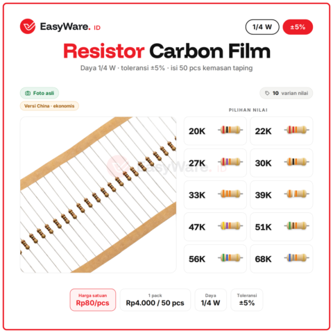[50 PCS] Resistor Carbon Film 1/4W 5% 20K–68K