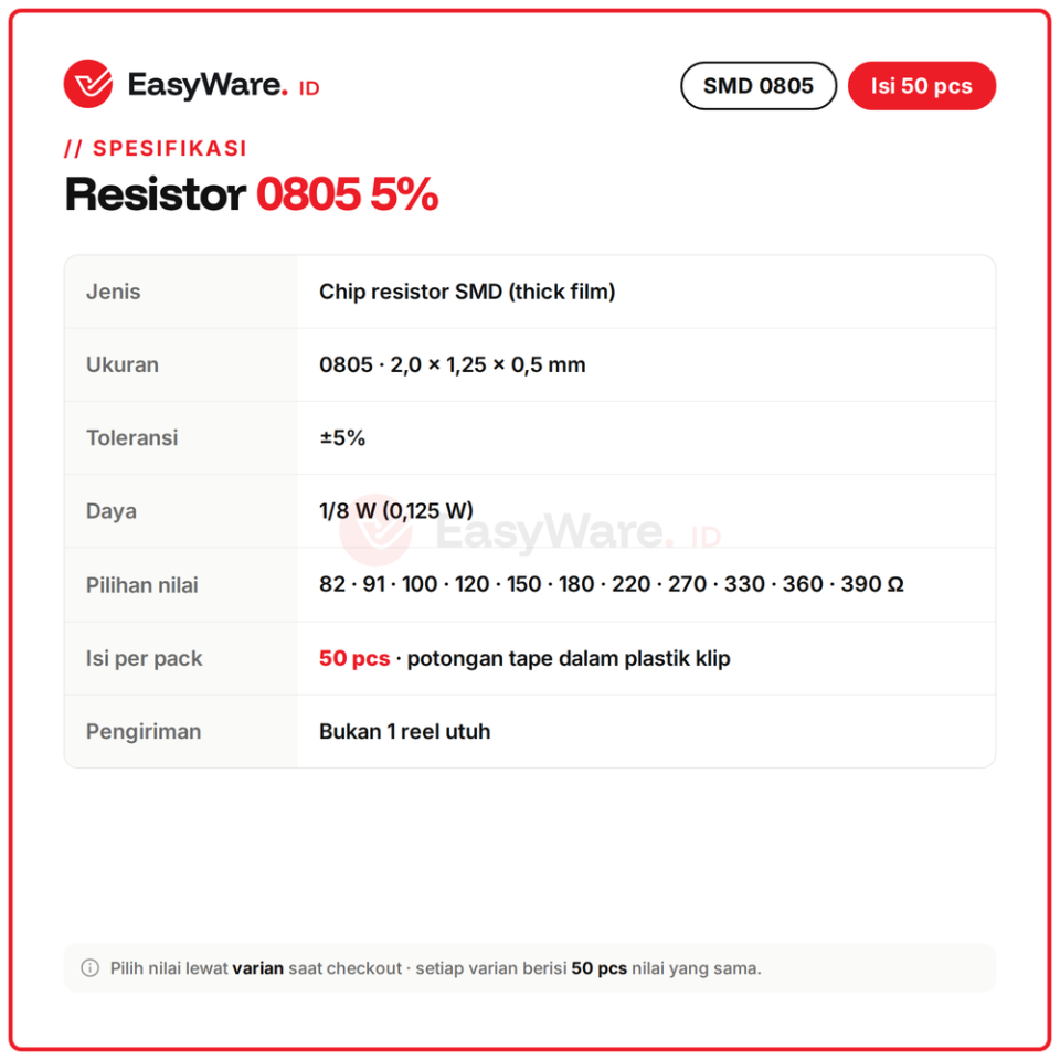 [50 PCS] Resistor SMD 0805 5% 82R 91R 100R 120R 150R 180R 220R 270R 330R 360R 390R (11 Pilihan)