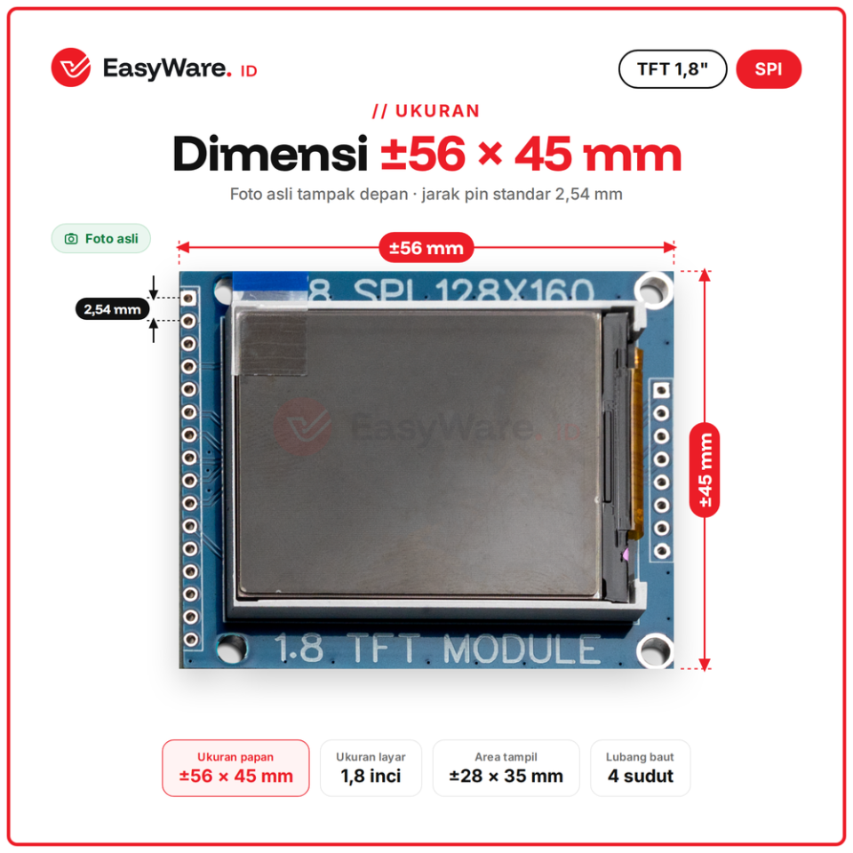 TFT 1.8 Inch Layar LCD Warna SPI 128x160 ST7735 + Slot Kartu SD