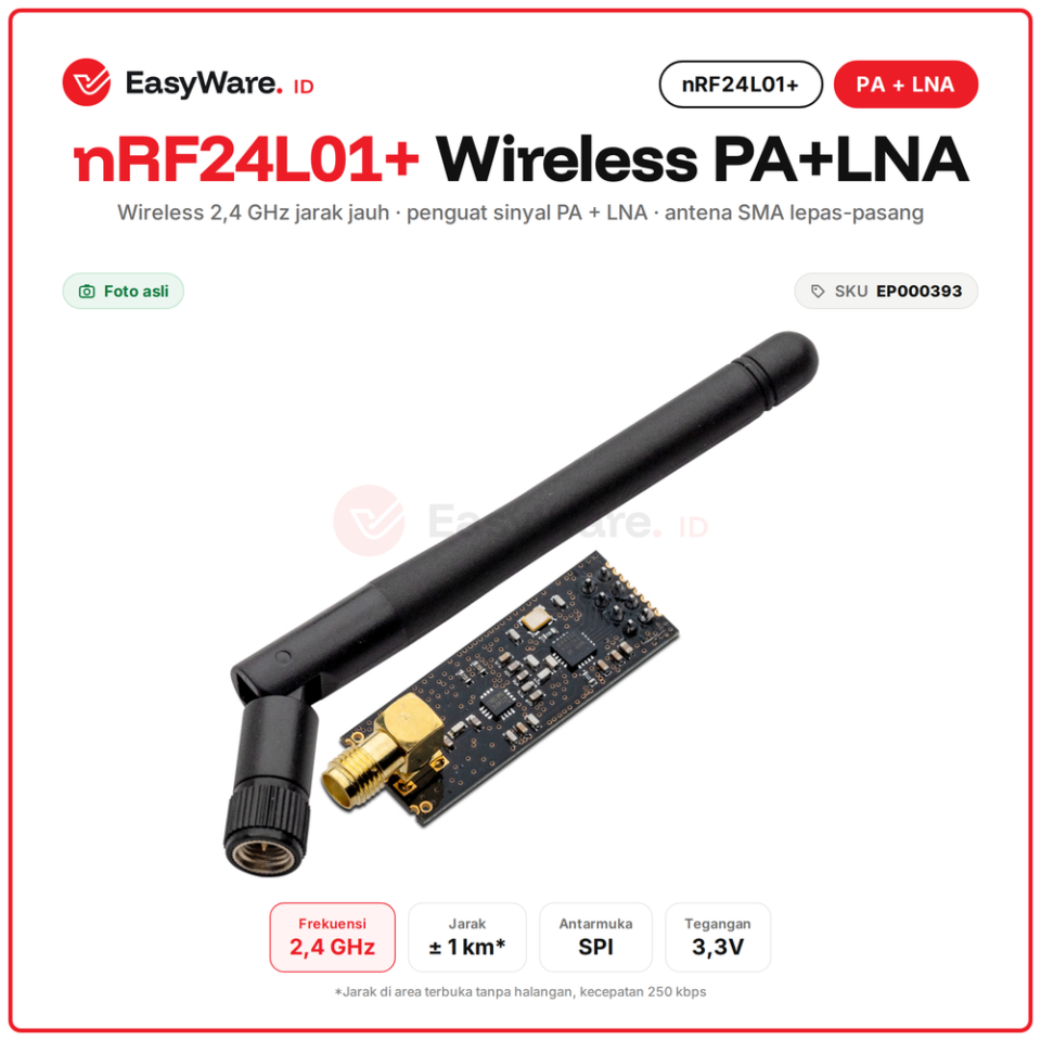 nRF24L01+ PA LNA Wireless 2.4GHz + Antena SMA Jarak Jauh